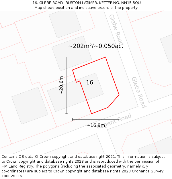 16, GLEBE ROAD, BURTON LATIMER, KETTERING, NN15 5QU: Plot and title map