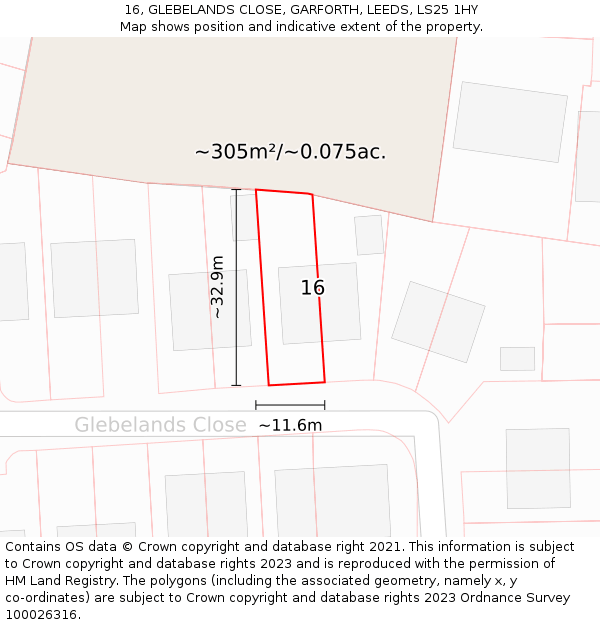 16, GLEBELANDS CLOSE, GARFORTH, LEEDS, LS25 1HY: Plot and title map