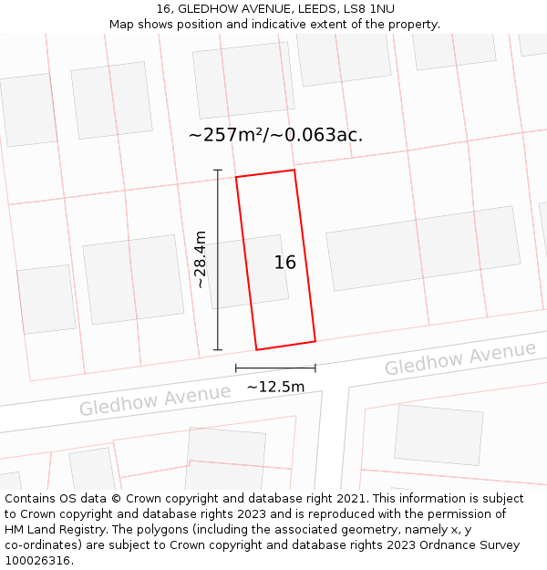 16, GLEDHOW AVENUE, LEEDS, LS8 1NU: Plot and title map