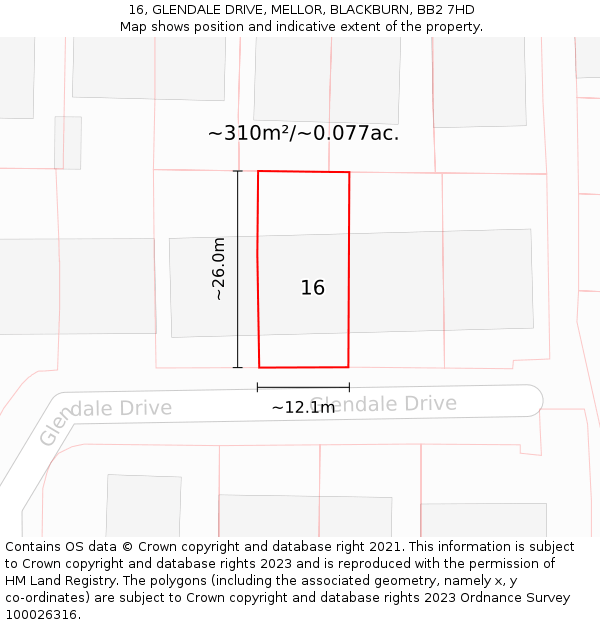 16, GLENDALE DRIVE, MELLOR, BLACKBURN, BB2 7HD: Plot and title map
