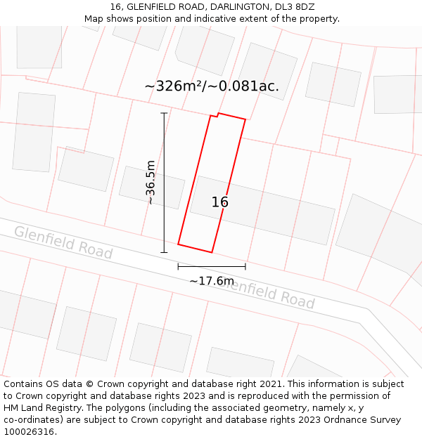 16, GLENFIELD ROAD, DARLINGTON, DL3 8DZ: Plot and title map