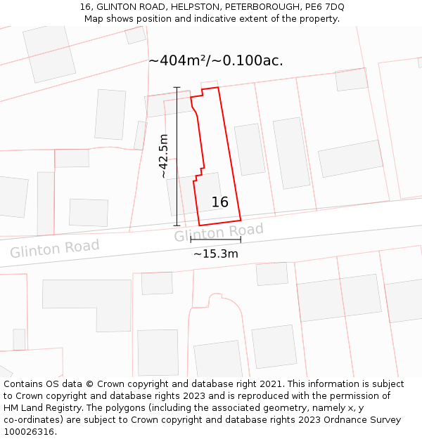 16, GLINTON ROAD, HELPSTON, PETERBOROUGH, PE6 7DQ: Plot and title map