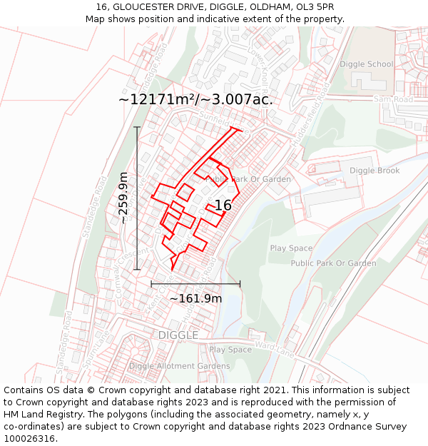 16, GLOUCESTER DRIVE, DIGGLE, OLDHAM, OL3 5PR: Plot and title map