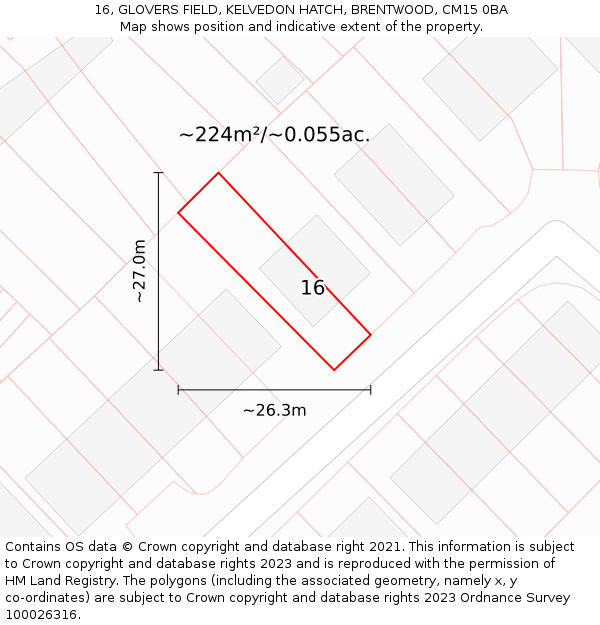 16, GLOVERS FIELD, KELVEDON HATCH, BRENTWOOD, CM15 0BA: Plot and title map
