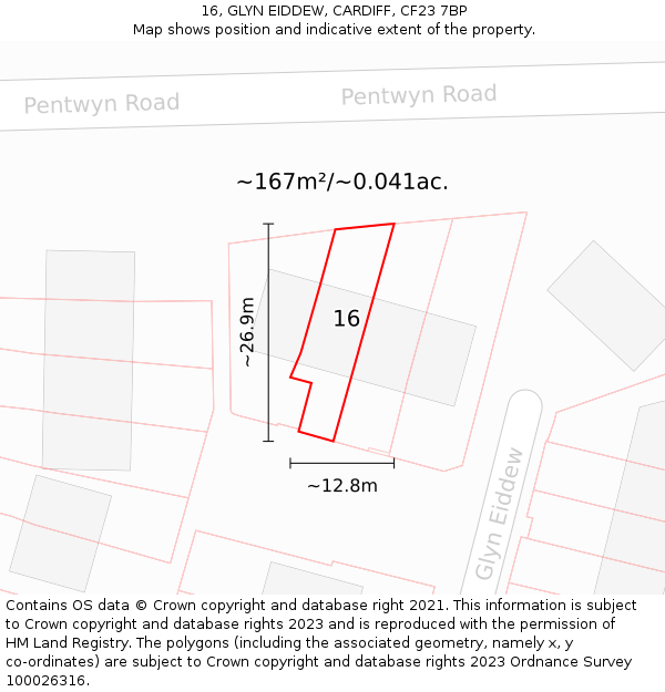 16, GLYN EIDDEW, CARDIFF, CF23 7BP: Plot and title map