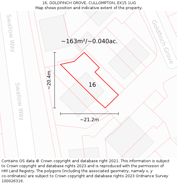 16, GOLDFINCH GROVE, CULLOMPTON, EX15 1UG: Plot and title map