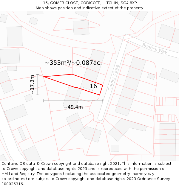 16, GOMER CLOSE, CODICOTE, HITCHIN, SG4 8XP: Plot and title map