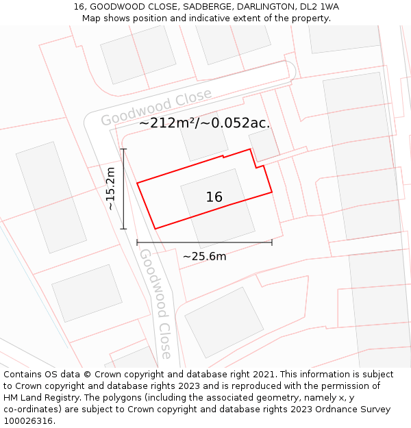 16, GOODWOOD CLOSE, SADBERGE, DARLINGTON, DL2 1WA: Plot and title map