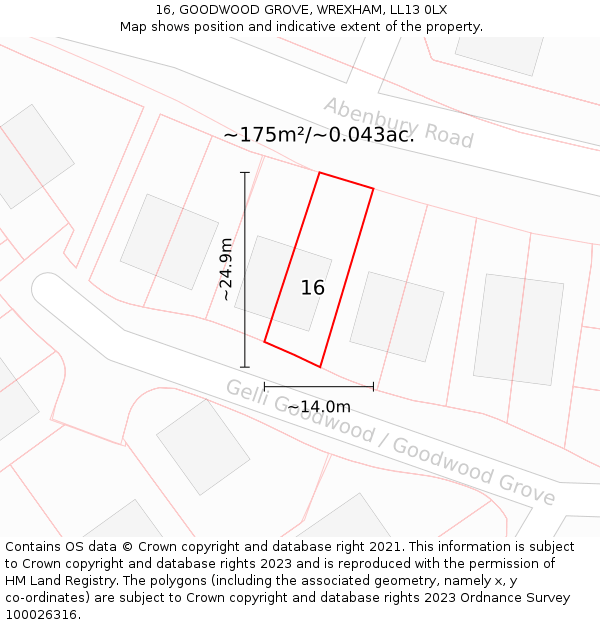 16, GOODWOOD GROVE, WREXHAM, LL13 0LX: Plot and title map