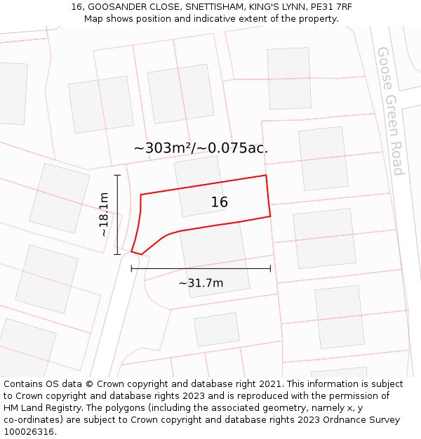 16, GOOSANDER CLOSE, SNETTISHAM, KING'S LYNN, PE31 7RF: Plot and title map