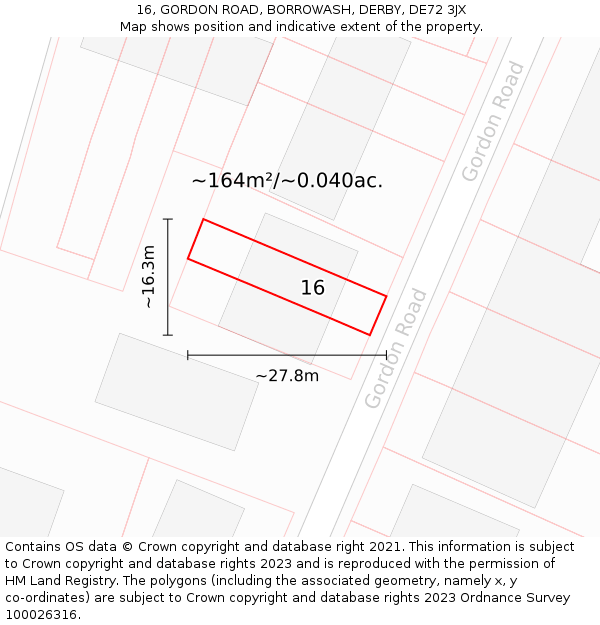 16, GORDON ROAD, BORROWASH, DERBY, DE72 3JX: Plot and title map