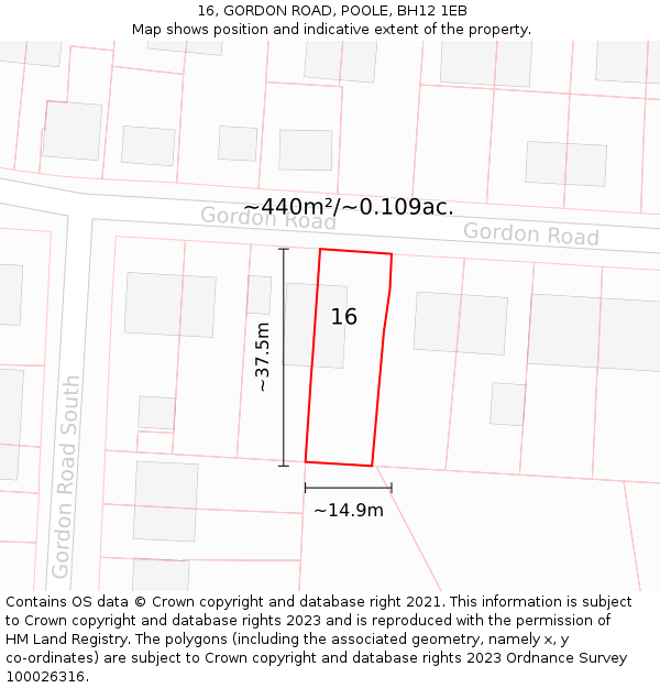16, GORDON ROAD, POOLE, BH12 1EB: Plot and title map