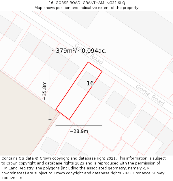 16, GORSE ROAD, GRANTHAM, NG31 9LQ: Plot and title map