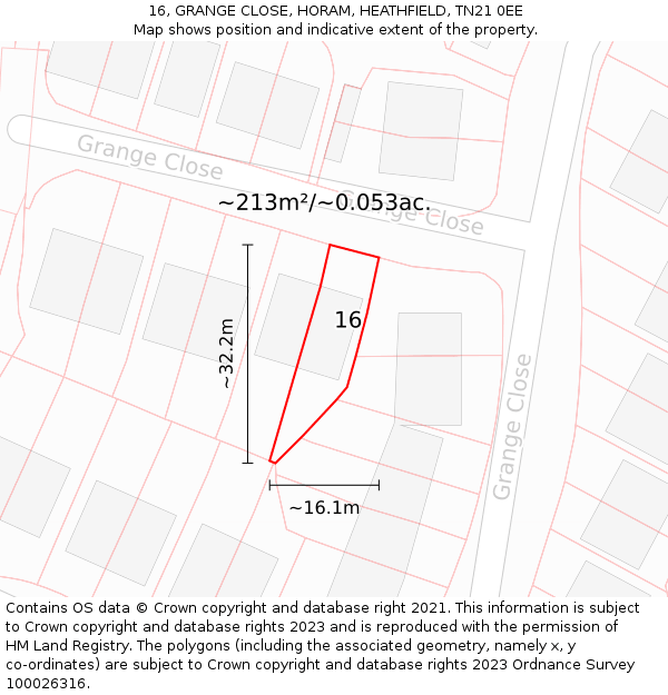 16, GRANGE CLOSE, HORAM, HEATHFIELD, TN21 0EE: Plot and title map