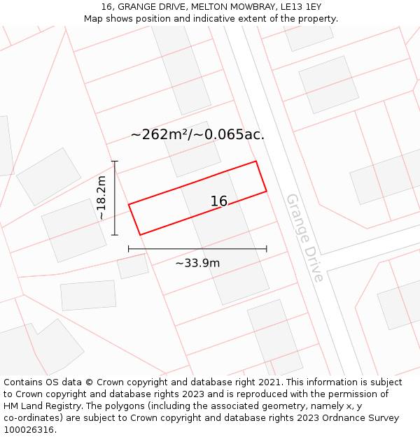 16, GRANGE DRIVE, MELTON MOWBRAY, LE13 1EY: Plot and title map