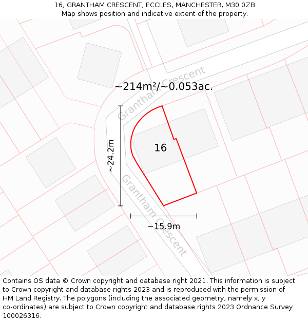16, GRANTHAM CRESCENT, ECCLES, MANCHESTER, M30 0ZB: Plot and title map