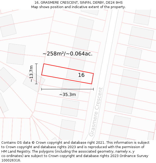 16, GRASMERE CRESCENT, SINFIN, DERBY, DE24 9HS: Plot and title map