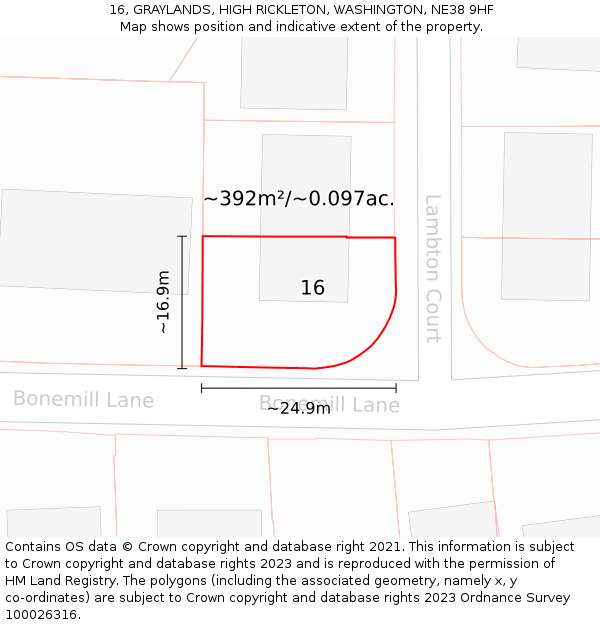 16, GRAYLANDS, HIGH RICKLETON, WASHINGTON, NE38 9HF: Plot and title map