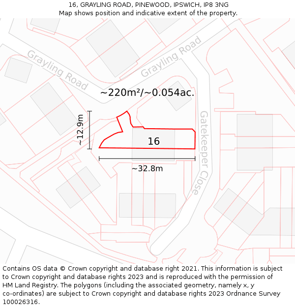 16, GRAYLING ROAD, PINEWOOD, IPSWICH, IP8 3NG: Plot and title map