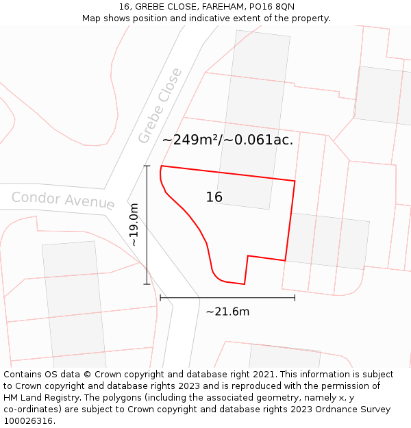 16, GREBE CLOSE, FAREHAM, PO16 8QN: Plot and title map