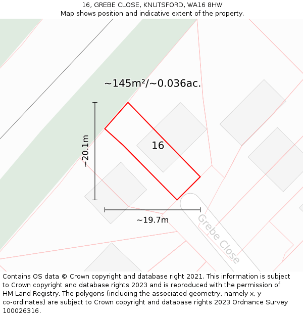 16, GREBE CLOSE, KNUTSFORD, WA16 8HW: Plot and title map