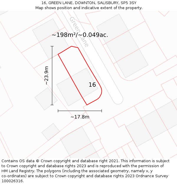 16, GREEN LANE, DOWNTON, SALISBURY, SP5 3SY: Plot and title map