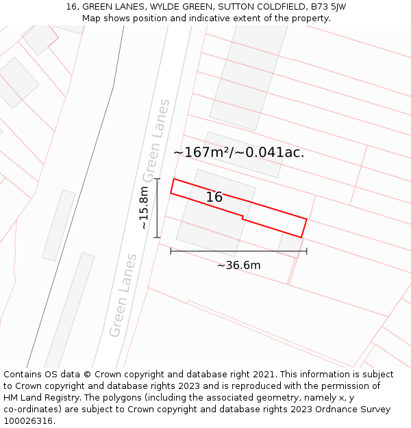 16, GREEN LANES, WYLDE GREEN, SUTTON COLDFIELD, B73 5JW: Plot and title map