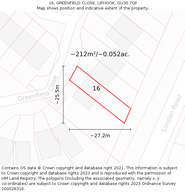 16, GREENFIELD CLOSE, LIPHOOK, GU30 7QF: Plot and title map