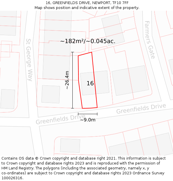16, GREENFIELDS DRIVE, NEWPORT, TF10 7FF: Plot and title map