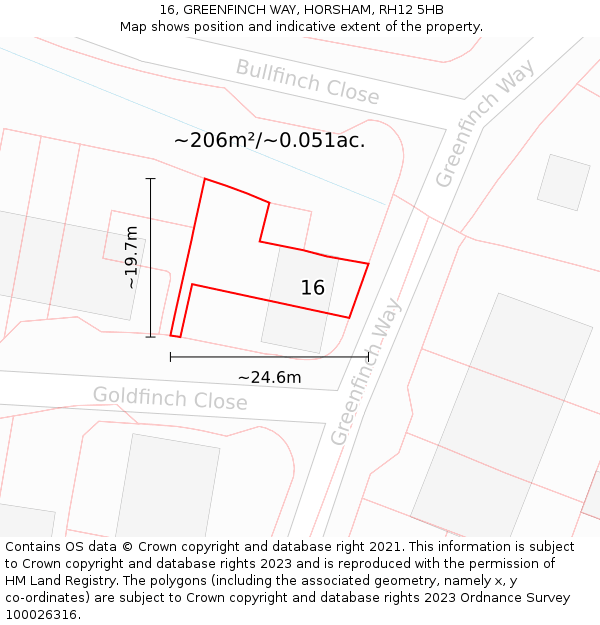 16, GREENFINCH WAY, HORSHAM, RH12 5HB: Plot and title map