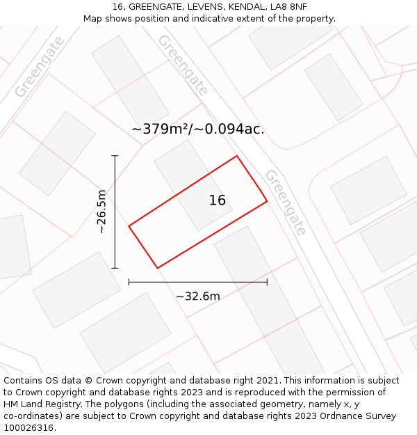 16, GREENGATE, LEVENS, KENDAL, LA8 8NF: Plot and title map