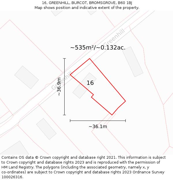 16, GREENHILL, BURCOT, BROMSGROVE, B60 1BJ: Plot and title map
