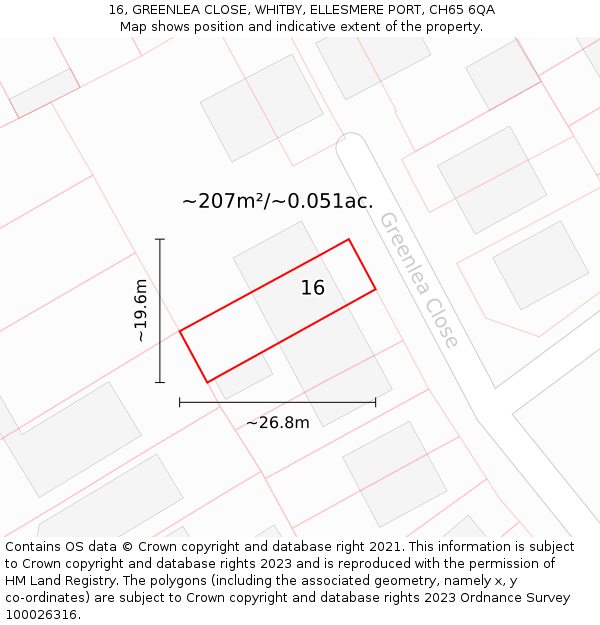 16, GREENLEA CLOSE, WHITBY, ELLESMERE PORT, CH65 6QA: Plot and title map
