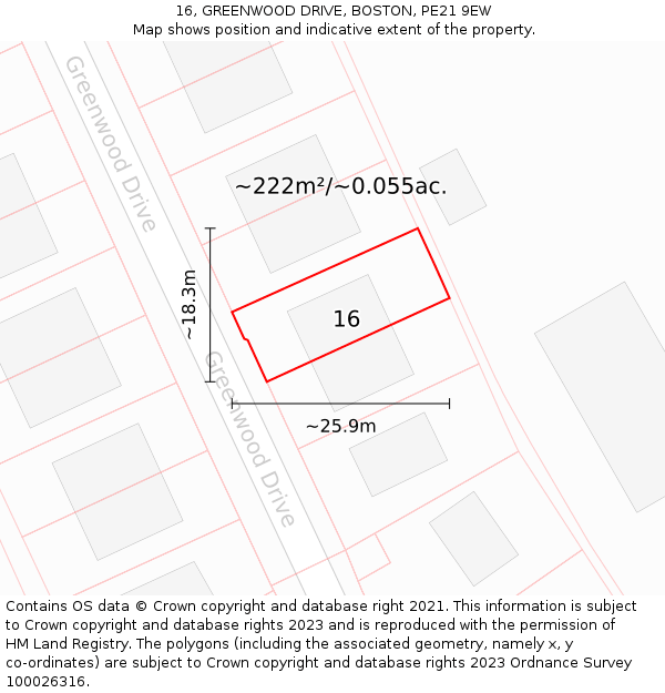 16, GREENWOOD DRIVE, BOSTON, PE21 9EW: Plot and title map