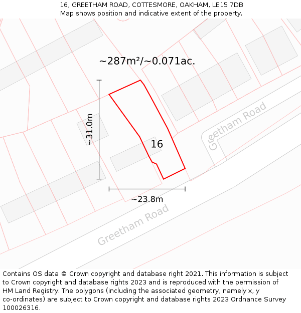 16, GREETHAM ROAD, COTTESMORE, OAKHAM, LE15 7DB: Plot and title map