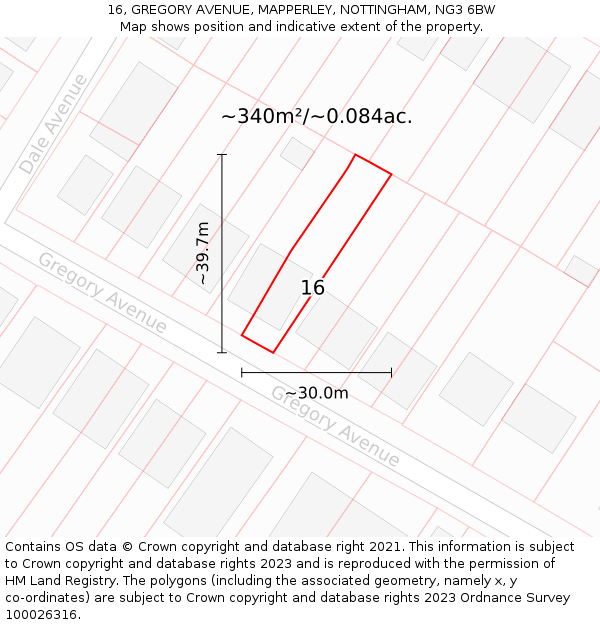 16, GREGORY AVENUE, MAPPERLEY, NOTTINGHAM, NG3 6BW: Plot and title map