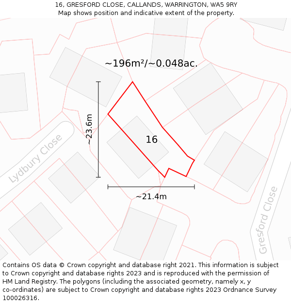 16, GRESFORD CLOSE, CALLANDS, WARRINGTON, WA5 9RY: Plot and title map