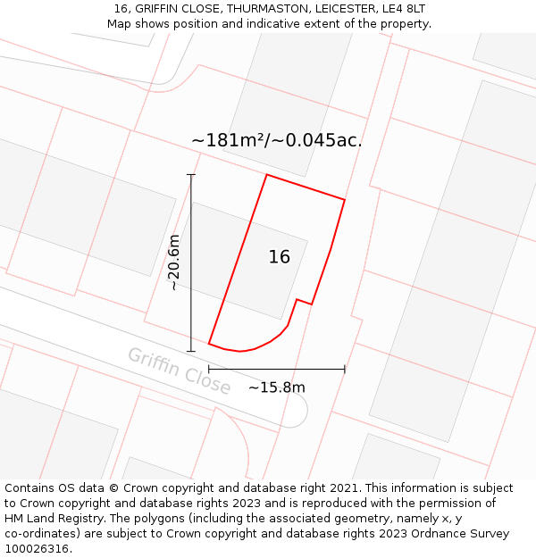 16, GRIFFIN CLOSE, THURMASTON, LEICESTER, LE4 8LT: Plot and title map
