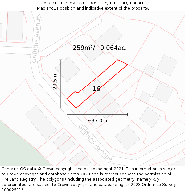 16, GRIFFITHS AVENUE, DOSELEY, TELFORD, TF4 3FE: Plot and title map