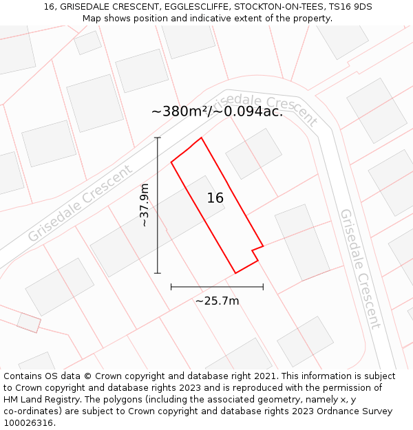 16, GRISEDALE CRESCENT, EGGLESCLIFFE, STOCKTON-ON-TEES, TS16 9DS: Plot and title map