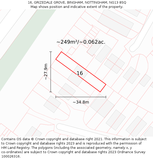 16, GRIZEDALE GROVE, BINGHAM, NOTTINGHAM, NG13 8SQ: Plot and title map