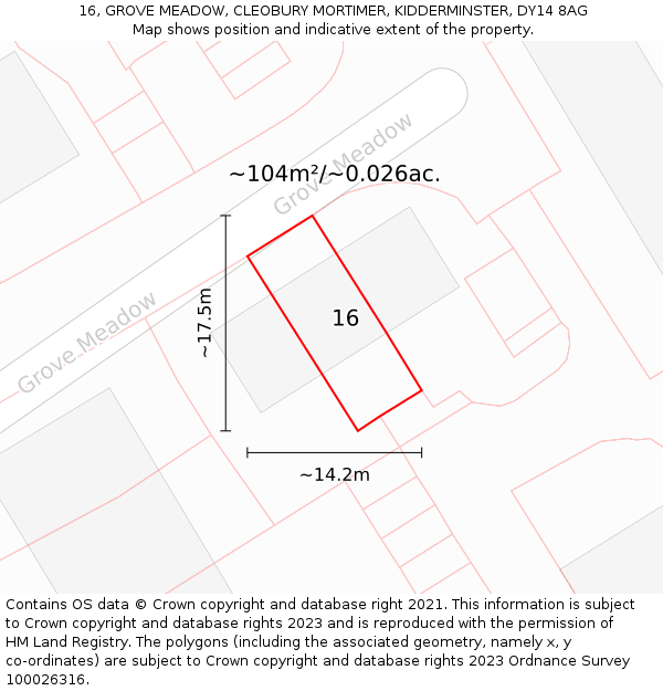 16, GROVE MEADOW, CLEOBURY MORTIMER, KIDDERMINSTER, DY14 8AG: Plot and title map
