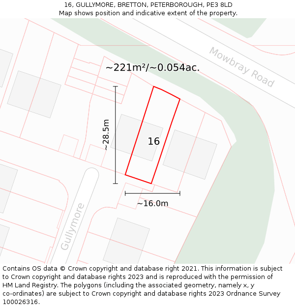 16, GULLYMORE, BRETTON, PETERBOROUGH, PE3 8LD: Plot and title map