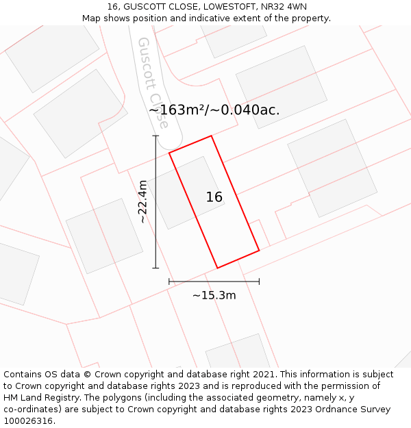 16, GUSCOTT CLOSE, LOWESTOFT, NR32 4WN: Plot and title map