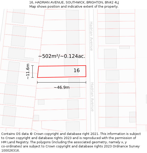 16, HADRIAN AVENUE, SOUTHWICK, BRIGHTON, BN42 4LJ: Plot and title map