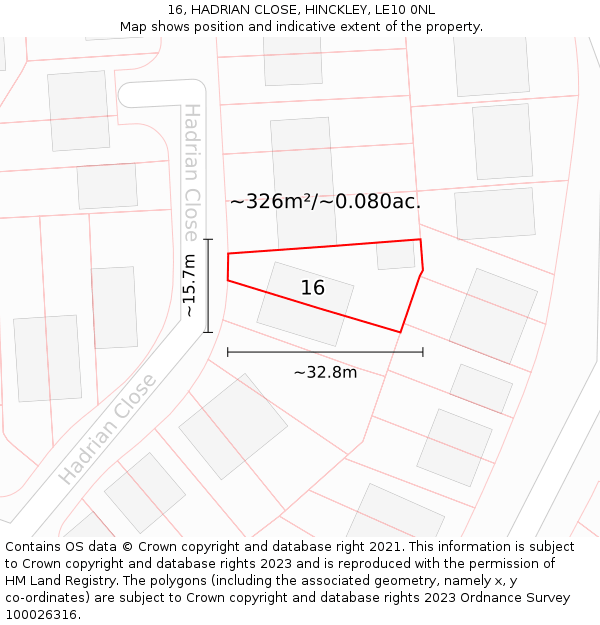 16, HADRIAN CLOSE, HINCKLEY, LE10 0NL: Plot and title map