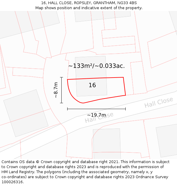 16, HALL CLOSE, ROPSLEY, GRANTHAM, NG33 4BS: Plot and title map
