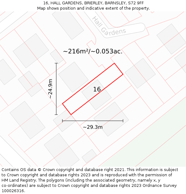 16, HALL GARDENS, BRIERLEY, BARNSLEY, S72 9FF: Plot and title map