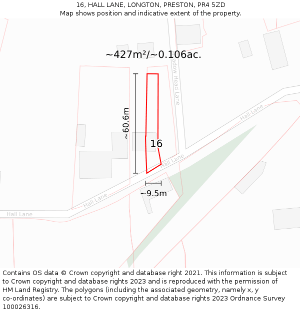 16, HALL LANE, LONGTON, PRESTON, PR4 5ZD: Plot and title map