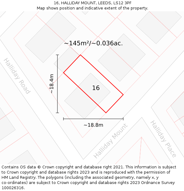 16, HALLIDAY MOUNT, LEEDS, LS12 3PF: Plot and title map